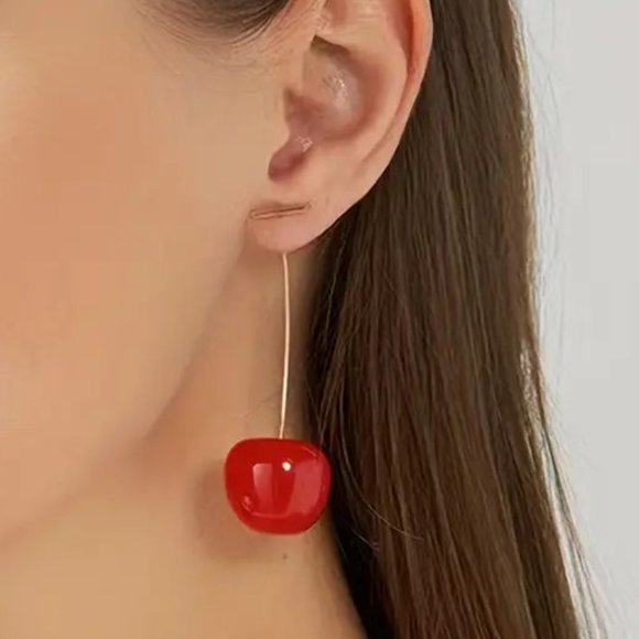 Earrings Cherry Red Drop Dangle 14K Gold Plated Ornament Bomb Sexy Glam Trendy - Picture 2 of 6